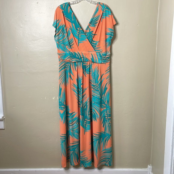 IMAN Maxi Dress Coral & Turquoise Tropical Leaf Surplice Neckline NWT 1XP - Picture 1 of 15